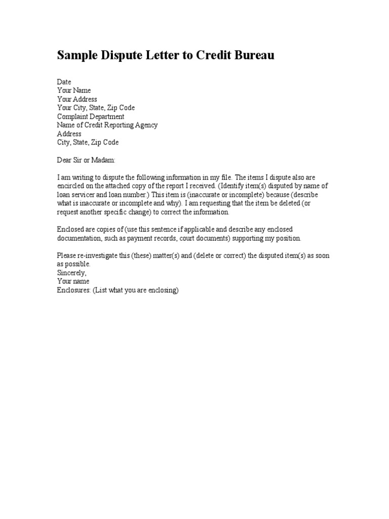 Sample Dispute Letter To Credit Bureau  PDF In Credit Dispute Letter Template