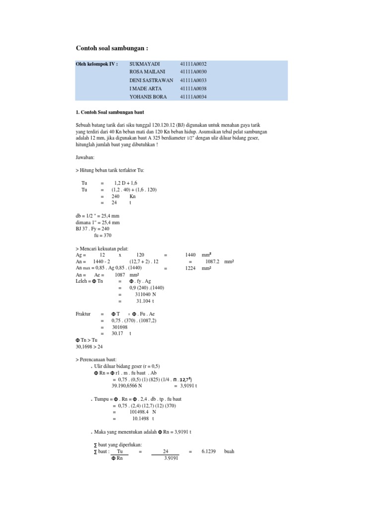 Contoh Soal Baja 2 Sambungan Kelompok Iv