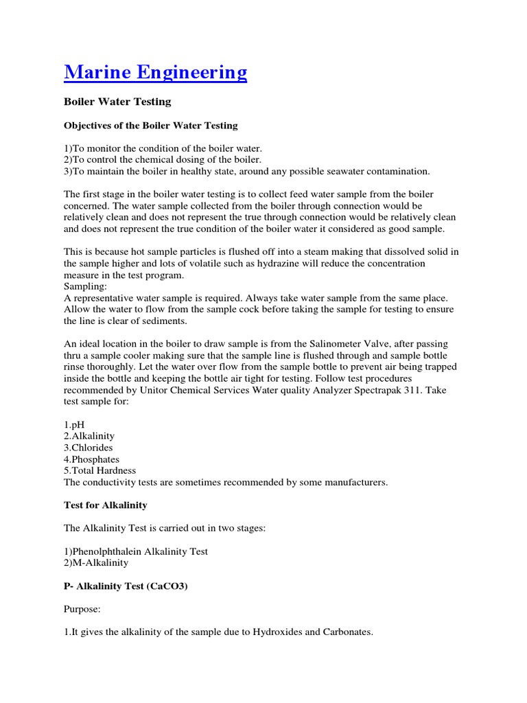 Testing of Marine Boiler Water PDF Ph Alkalinity
