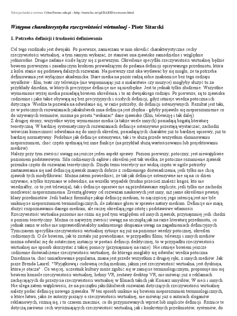 Piotr Sitarski Wstępna Charakterystyka Rzeczywistości Wirtualnej PDF