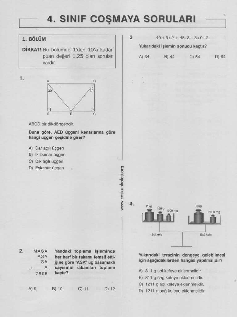 Coşmaya 2008 Sorular - 4. Sınıf | PDF