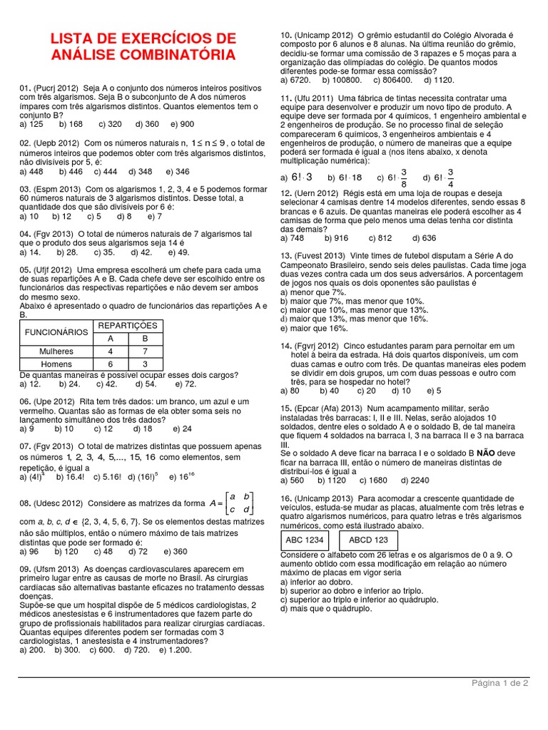 Matemática - Lista de Exercícios - Análise Combinatória | PDF ...
