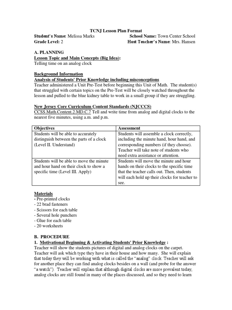 math clocks lesson grade 2 Clock Lesson Plan