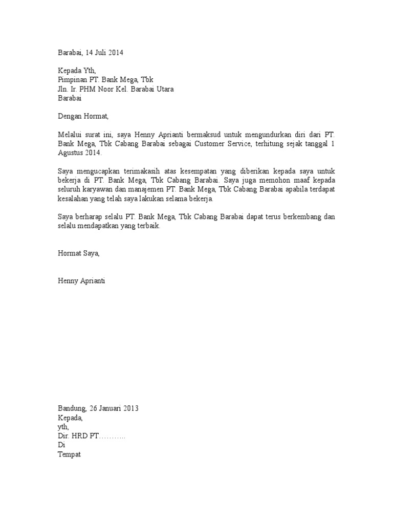 Contoh Surat Pengunduran Diri Kerja