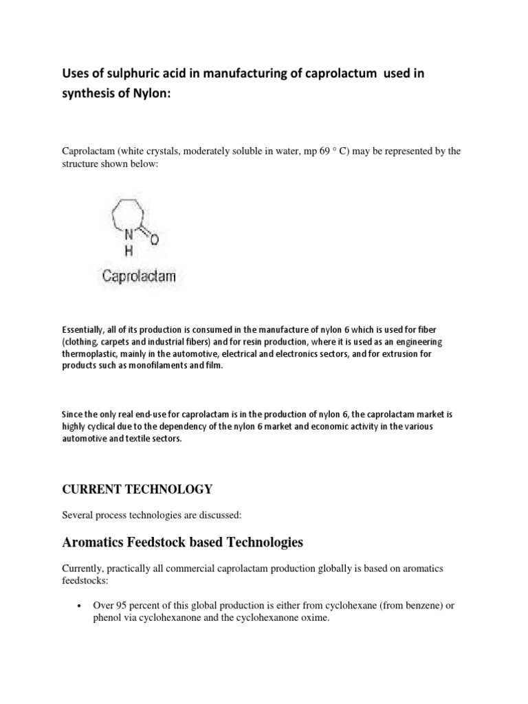 Uses of Sulphuric Acid in Manufacturing of Caprolactum Used in
