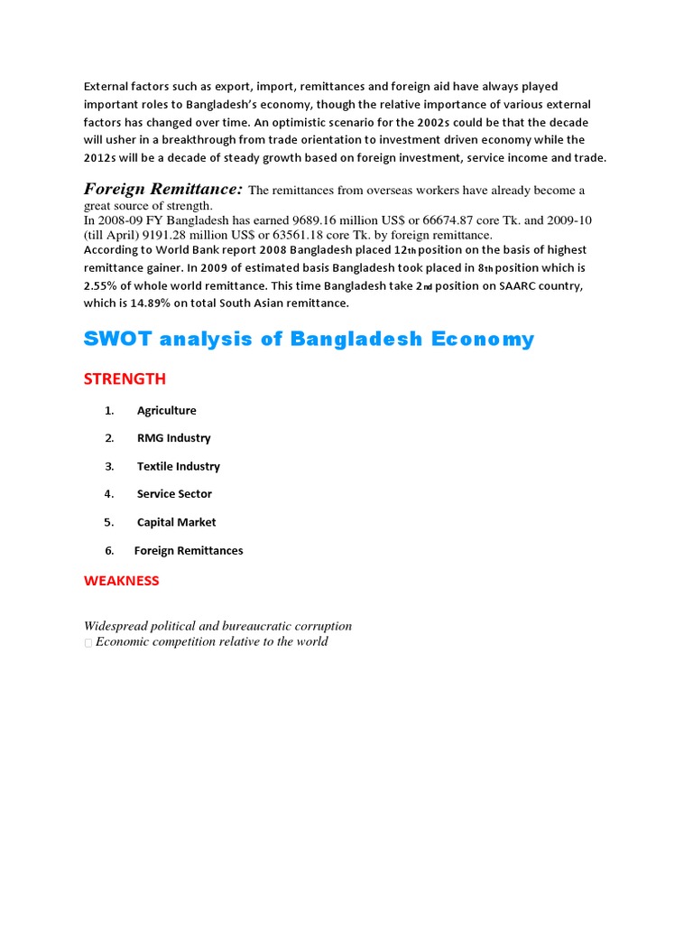 Bangladesh Economy SWOT Analysis | PDF | Remittance | Bangladesh