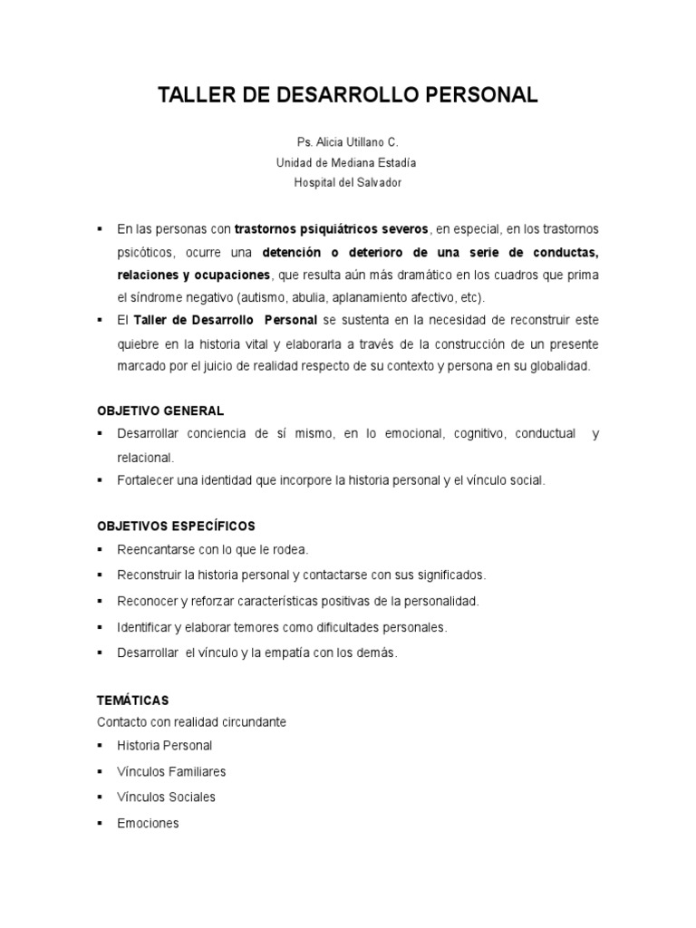 Taller de Desarrollo Personal en Salud Mental | PDF
