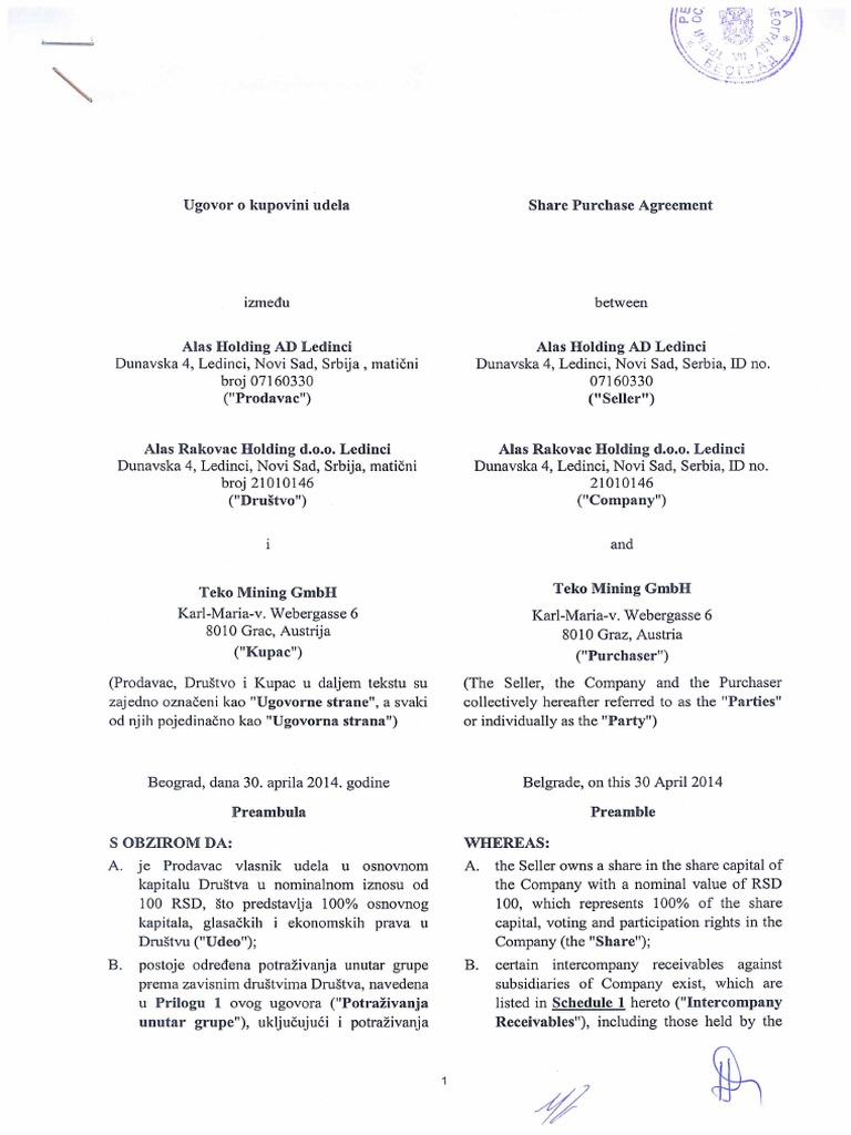 Ugovor o Kupoprodaji Udela 30apr2014 Share Purchase Agreement | PDF