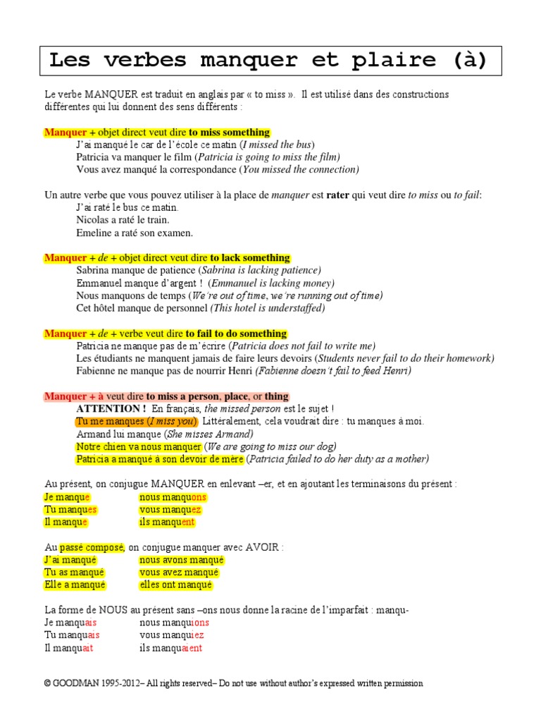 Verbe Plaire Au Subjonctif Passe French 221 Les Verbes Manquer Et Plaire - Leçon | PDF | Règles | Syntaxe
