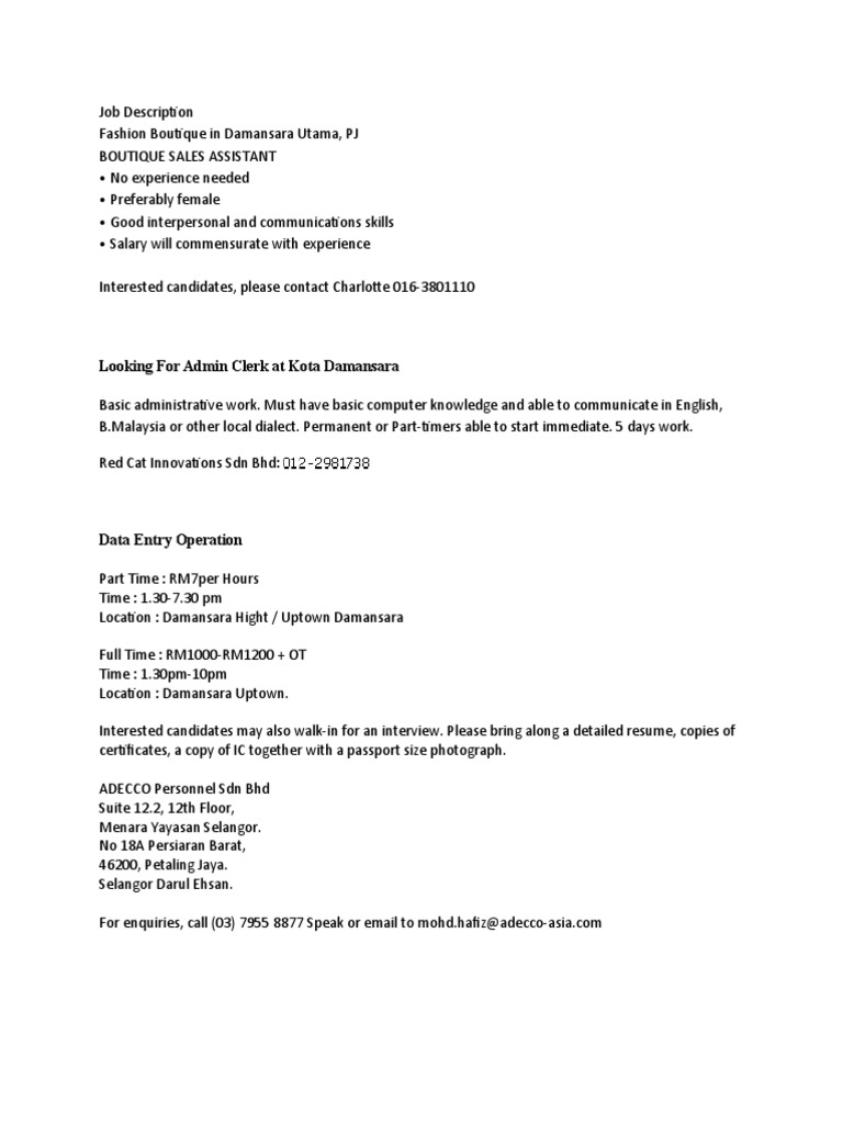 Job Openings in Damansara Area | PDF | Business
