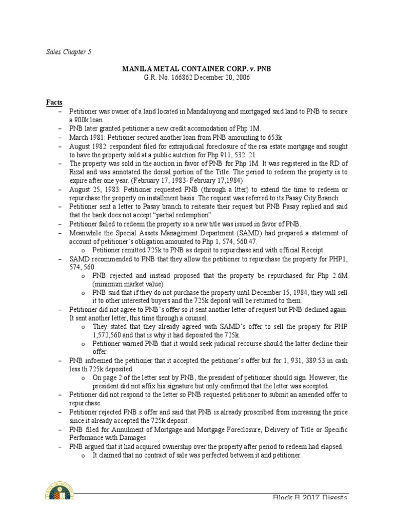 No Meeting of the Minds Manila Metal Container Corp. v. PNB Analyzes