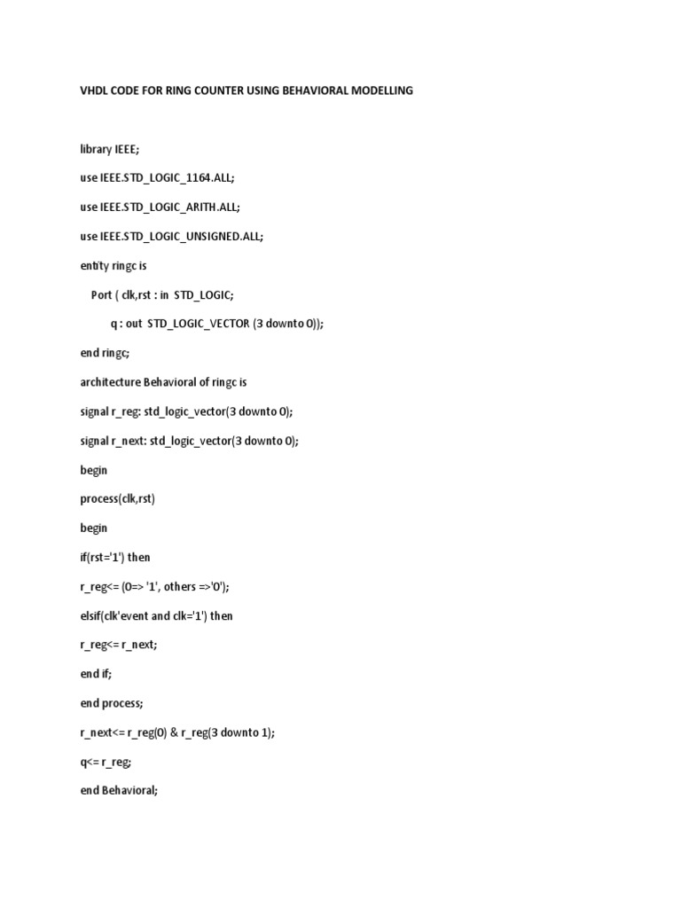 VHDL Ring Counter Behavioral Code | PDF