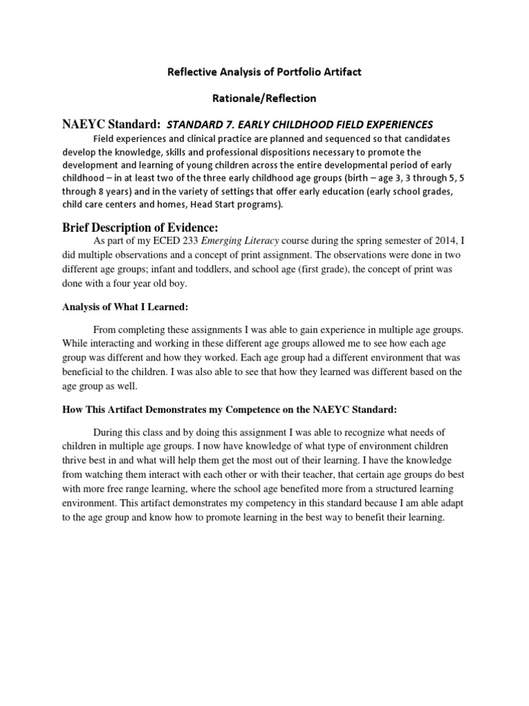 Reflective Analysis of Portfolio Artifact Rationale/Reflection NAEYC