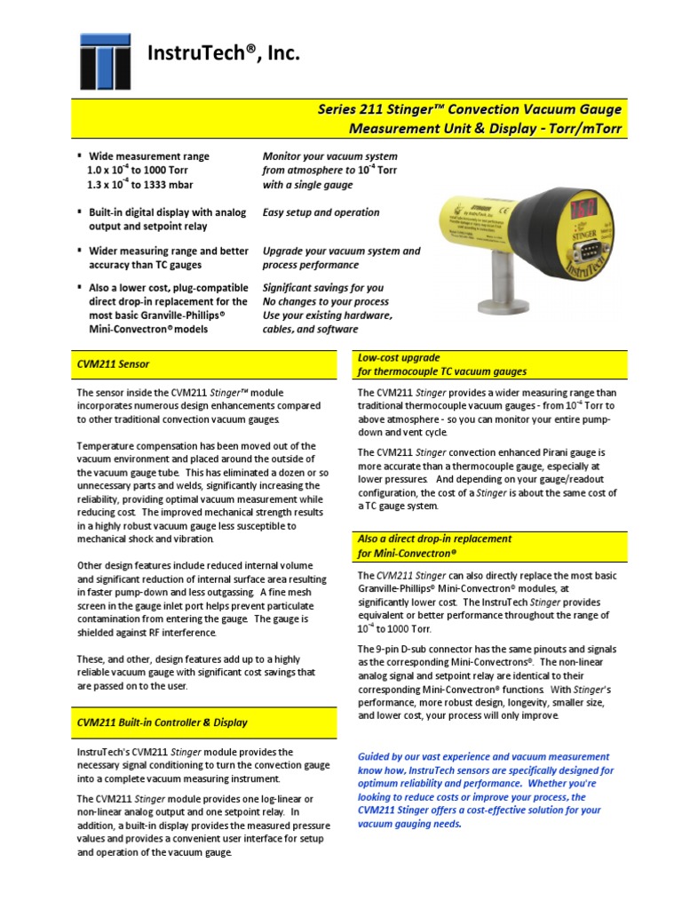 Stinger Convection Vacuum Gauge Measurement and Display Unit Pressure