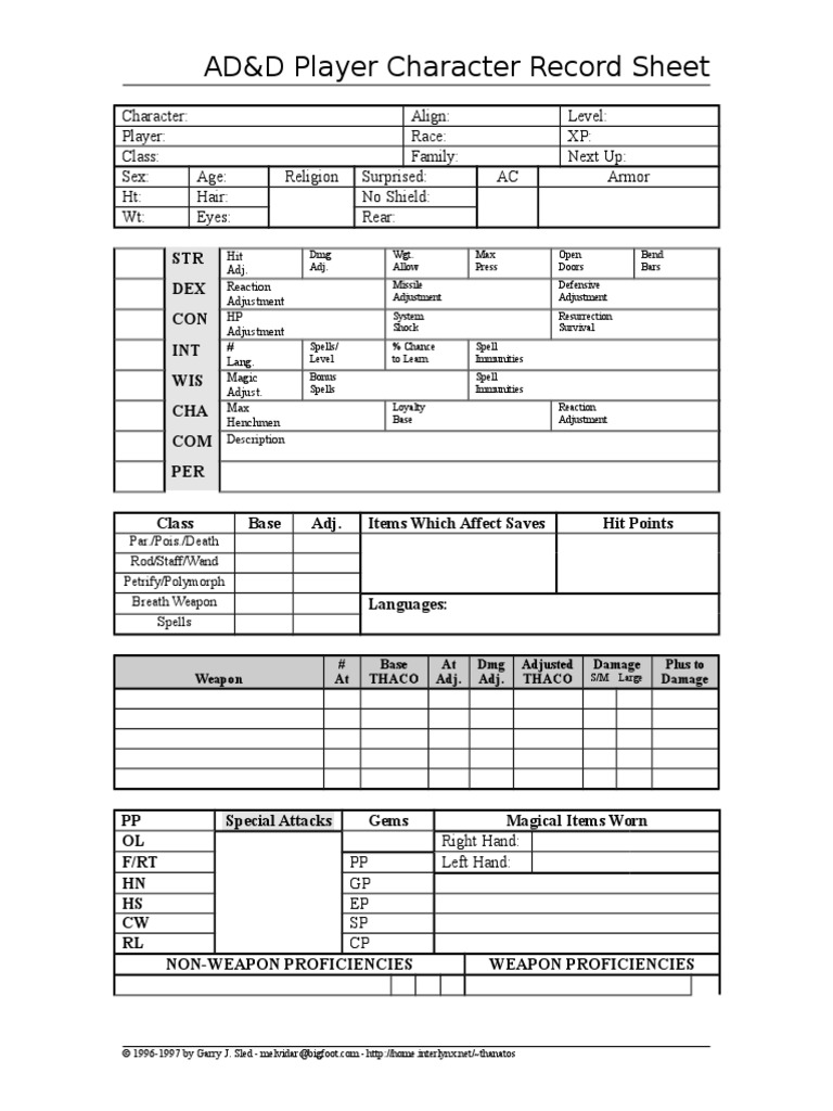 AD&D 1E Character Record Sheet | PDF