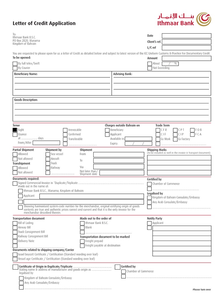 bank of america letter of credit application