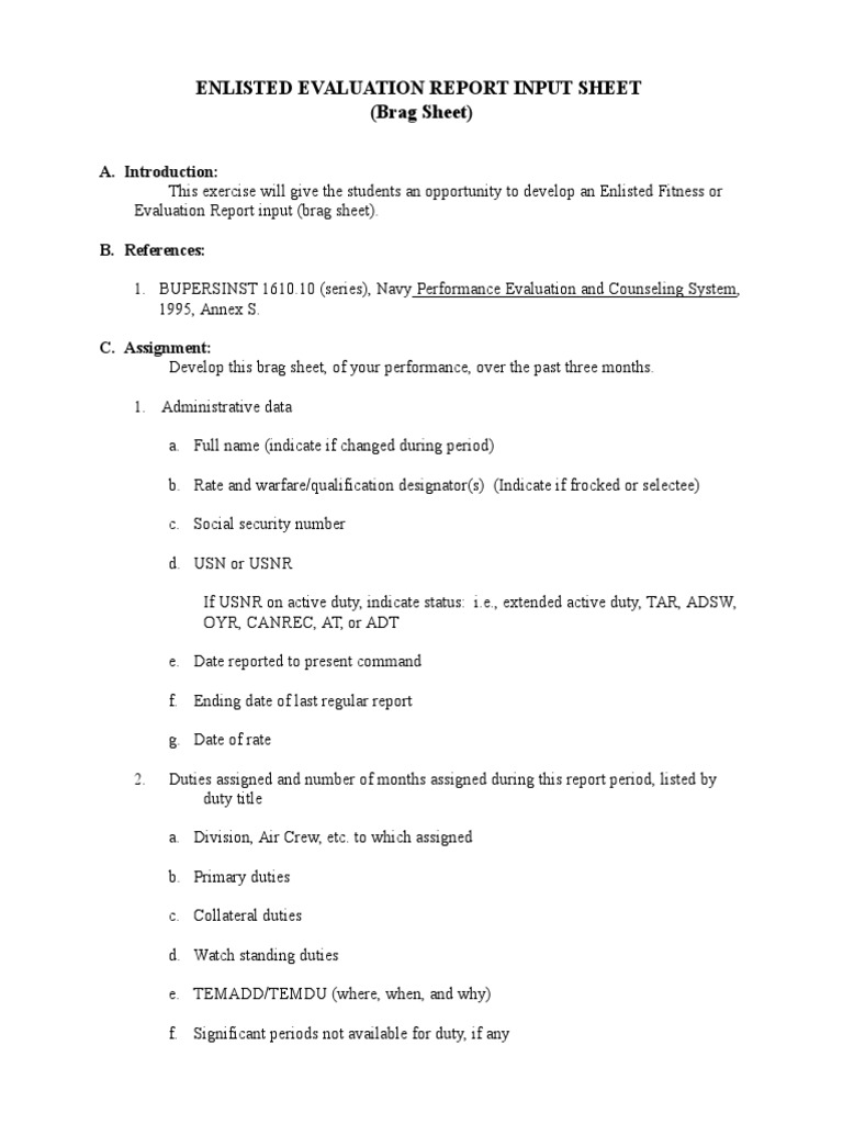 Navy Enlisted Evaluation Brag Sheet Pdf Business