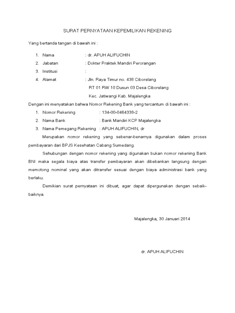 Surat Pernyataan Kepemilikan Rekening Pdf