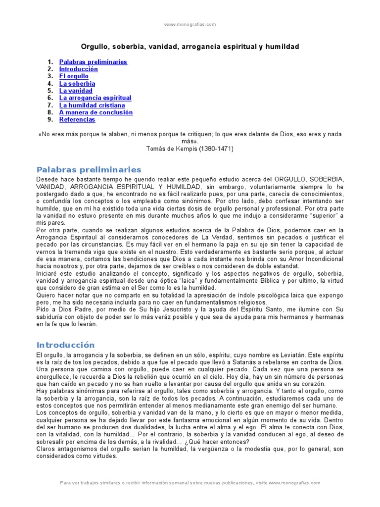Orgullo soberbia vanidad arrogancia espiritual y humildad