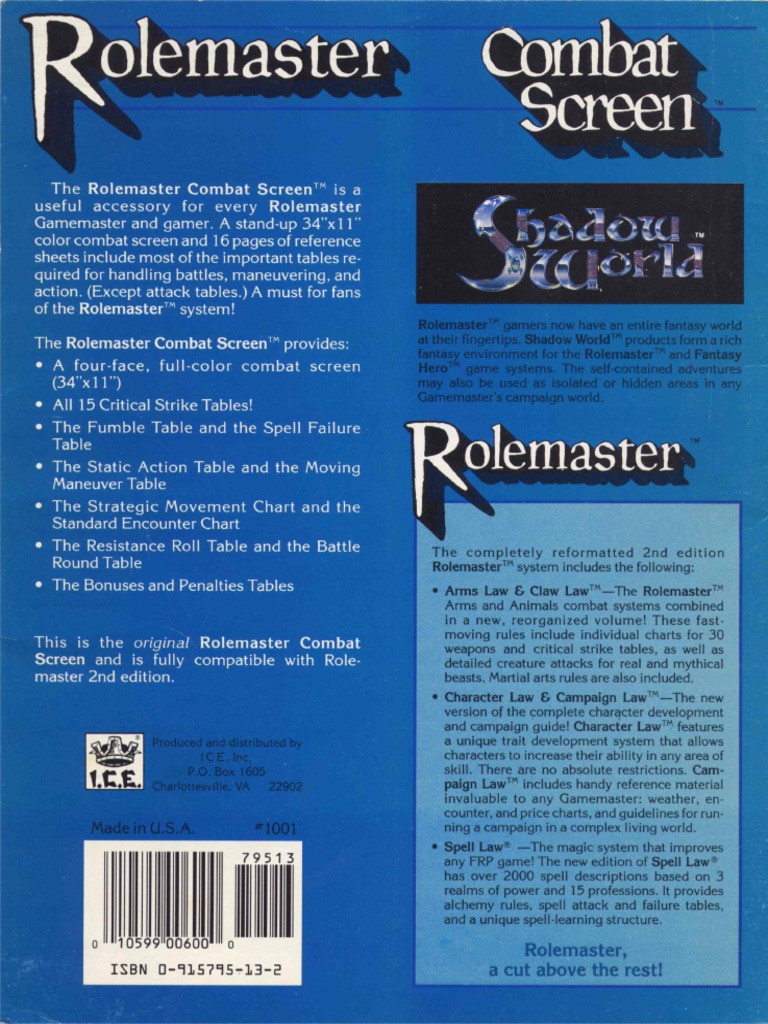 Écran De Combat (Combat Screen) Pour Le Jeu De Rôle Rolemaster - Occasion