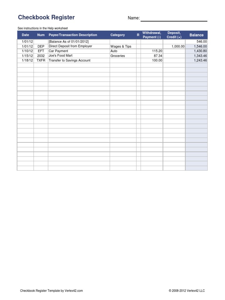 Checkbook Register: Date Num Payee/Transaction Description Category R ...
