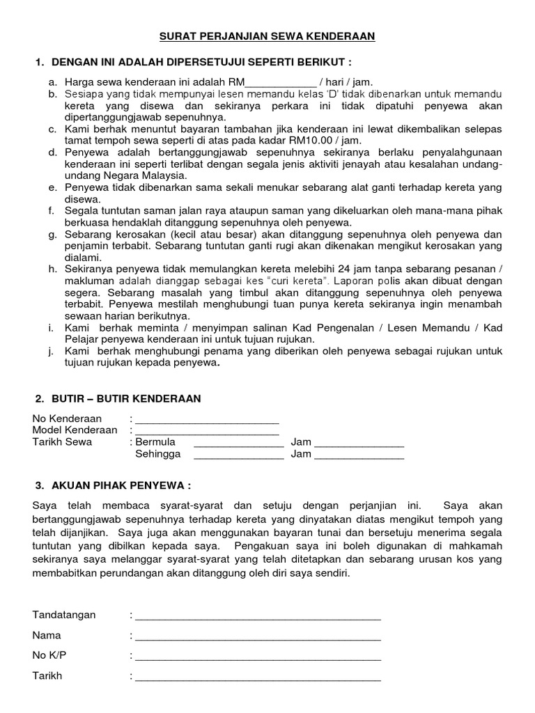 Contoh Agreement Surat Perjanjian Sewa Kereta