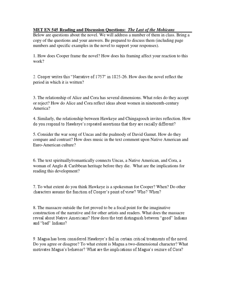 Discussion Questions for The Last of the Mohicans | PDF | General Fiction
