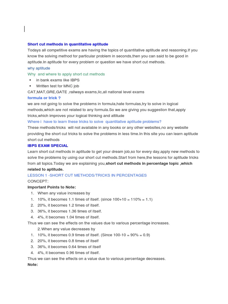 Short Cut Methods in Quantitative Aptitude | PDF | Percentage | Income