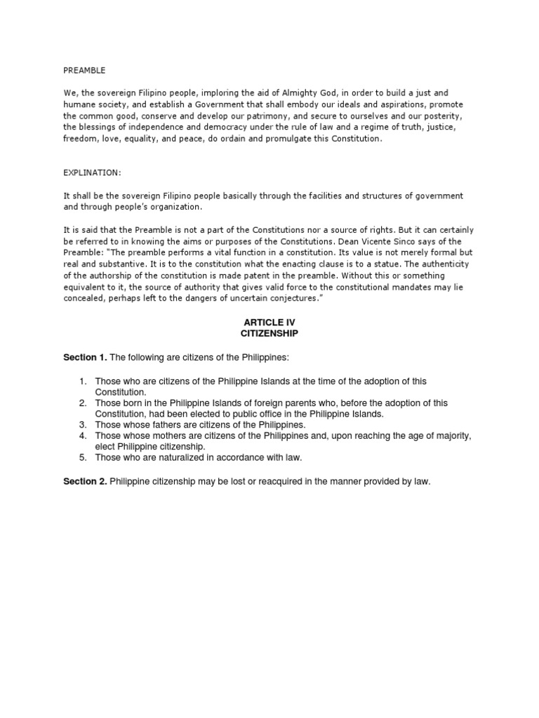 Philippine Constitution Preamble & Citizenship | PDF | Politics ...