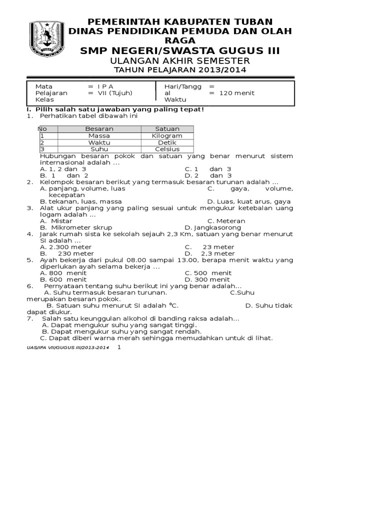 Soal IPA SMP Kelas 7