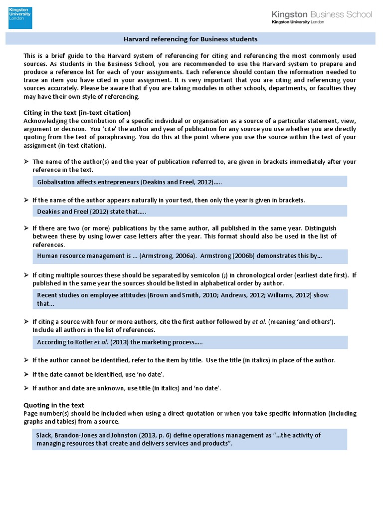 Harvard Referencing for Kingston Business School Students