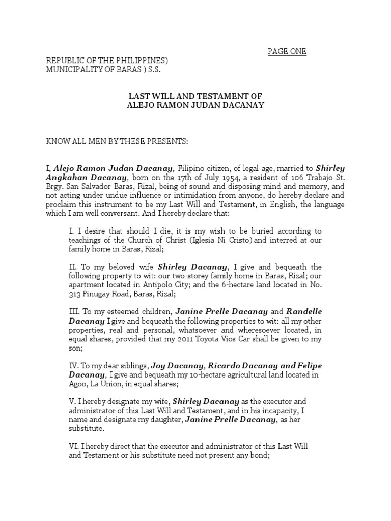 Sample of Notarial Will (1) Wills And Trusts Will And Testament