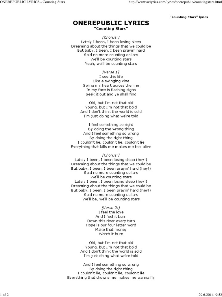 Onerepublic Lyrics Counting Stars Songs Musical Compositions