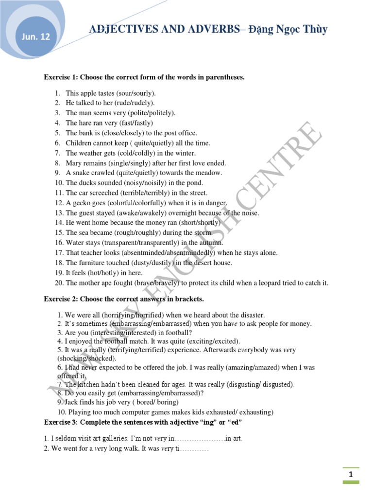 Bai Tap Adverb and Adjective PDF Leisure