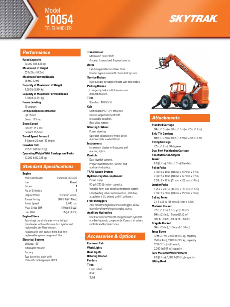 SkyTrak 10054 Spec Sheet PDF Elevator Wheeled Vehicles