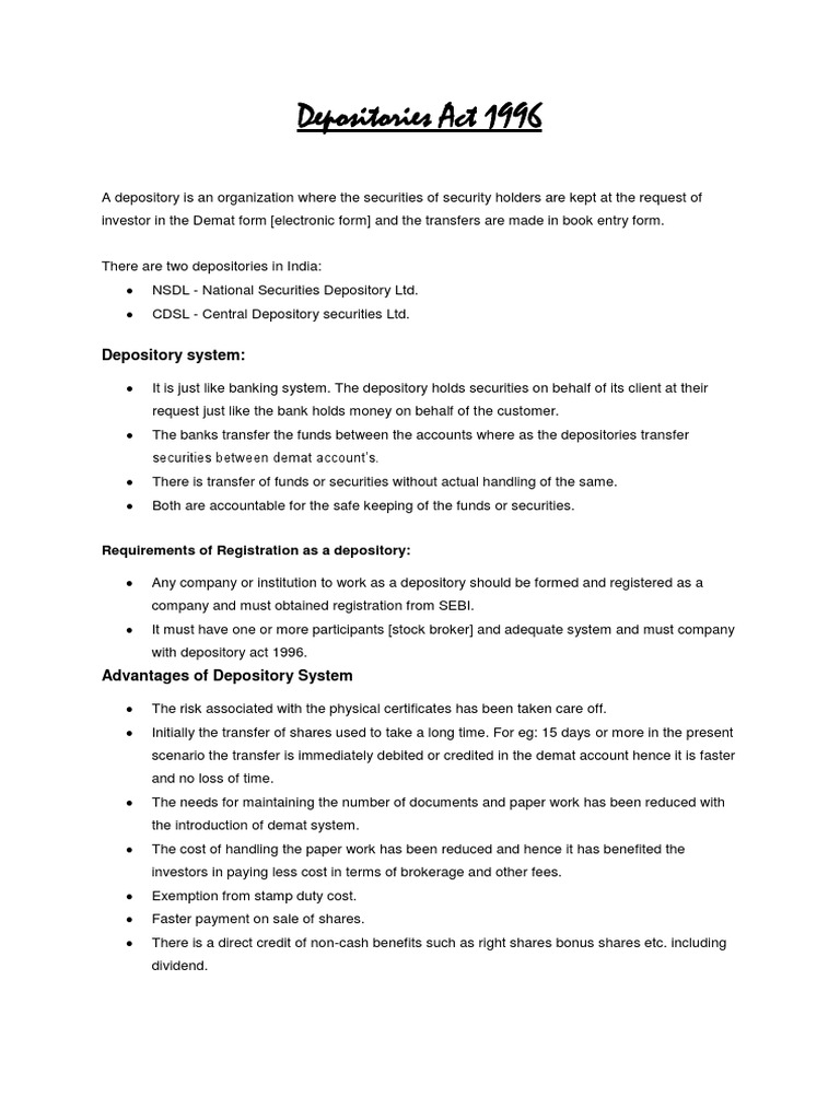 Depositories Act 1996: Depository System | PDF | Economic Institutions ...