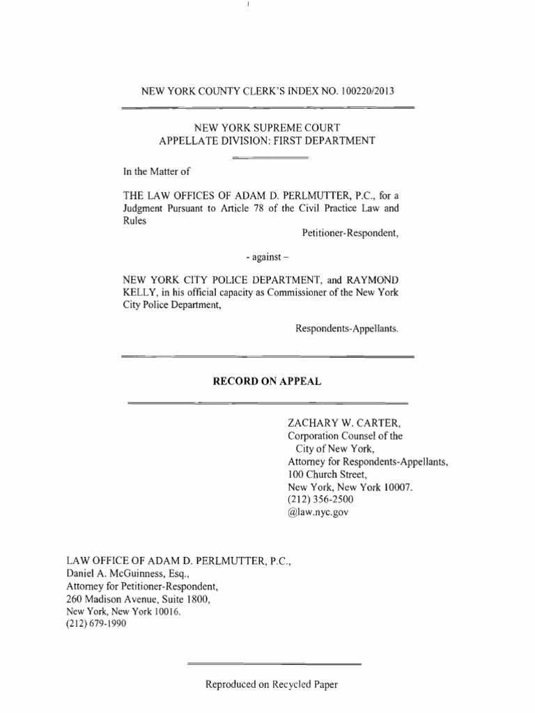 Record On Appeal For Article 78 FOIL Action | PDF | Discovery (Law) |  Prosecutor