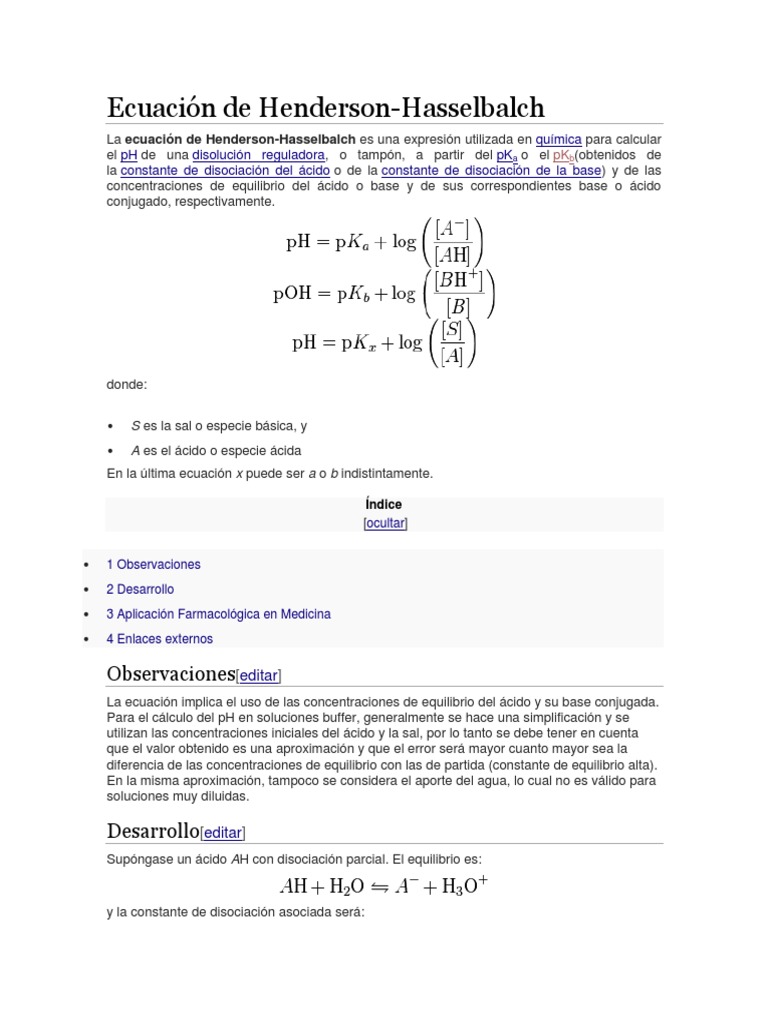 Ecuación de HendersonHaselbalch PDF Constante de disociación ácida Ciencias fisicas