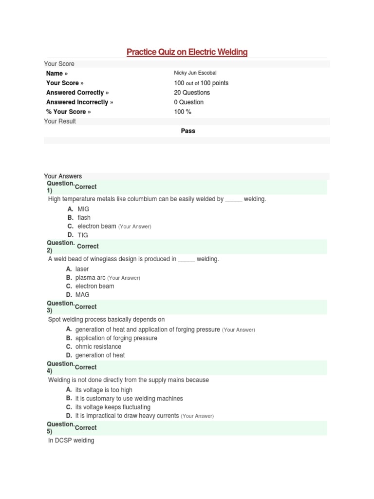 Practice Quiz On Electric Welding Pdf Welding Construction