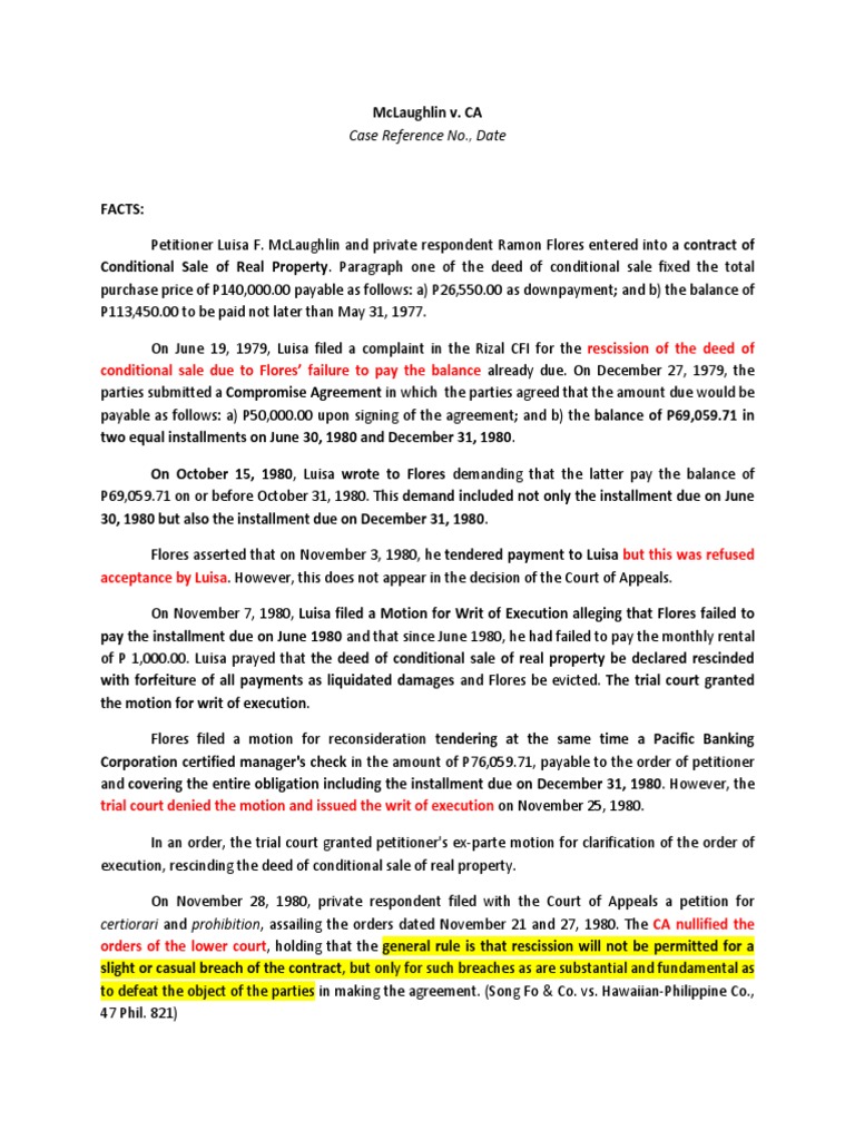 McLaughlin v. CA [Maceda Law] Rescission Breach Of Contract