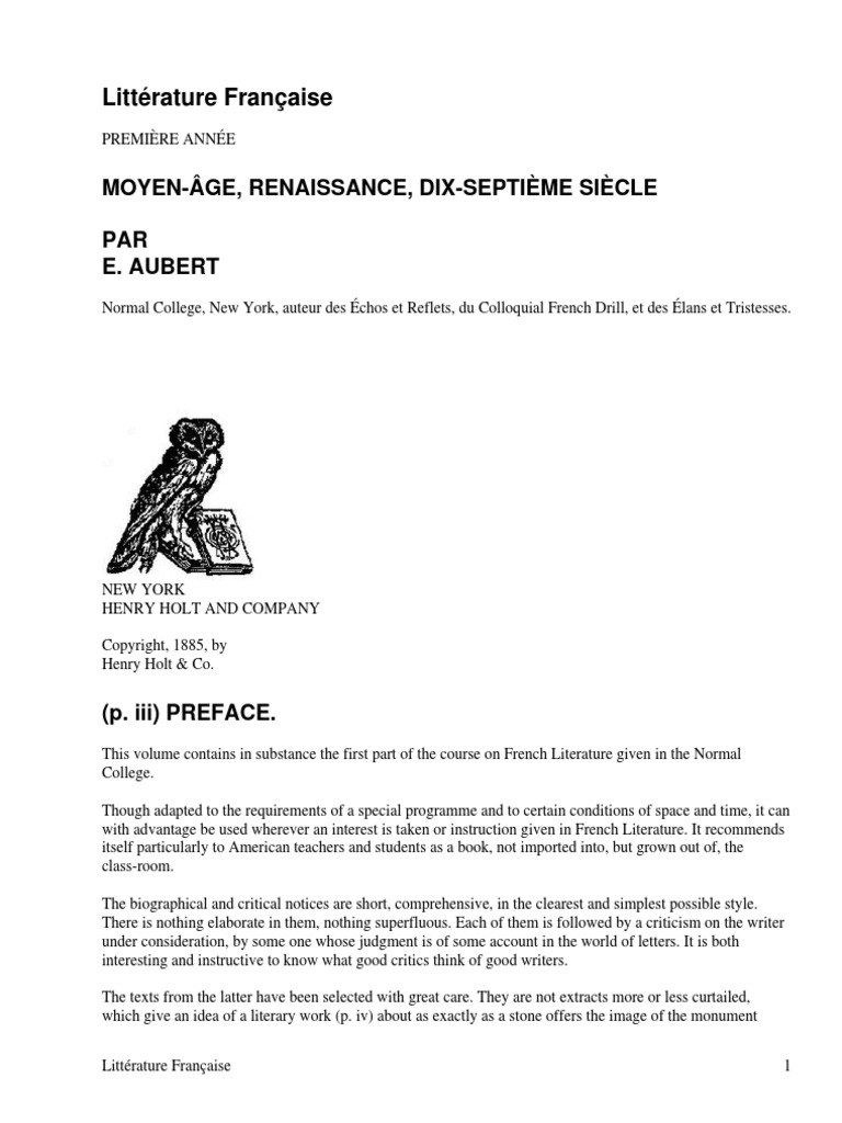 Littérature Française (Première Année) Moyen-Âge, Renaissance, Dix-Septième  Siècle By Aubert, E. | Pdf | Gargantua And Pantagruel | French Writers