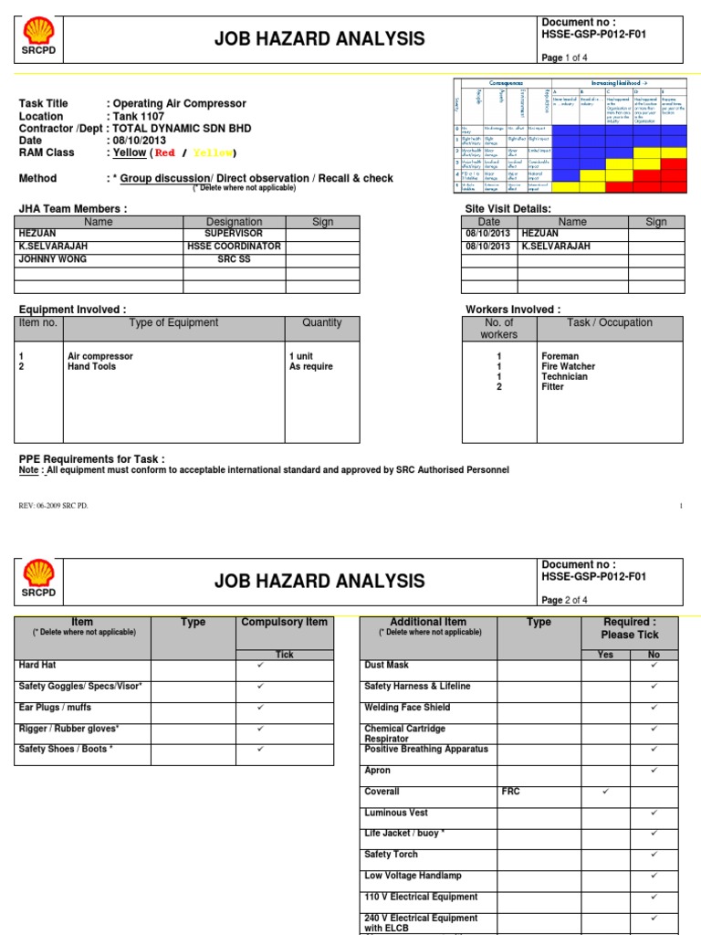 Air Compressor JHA PDF Vehicles Personal Protective Equipment
