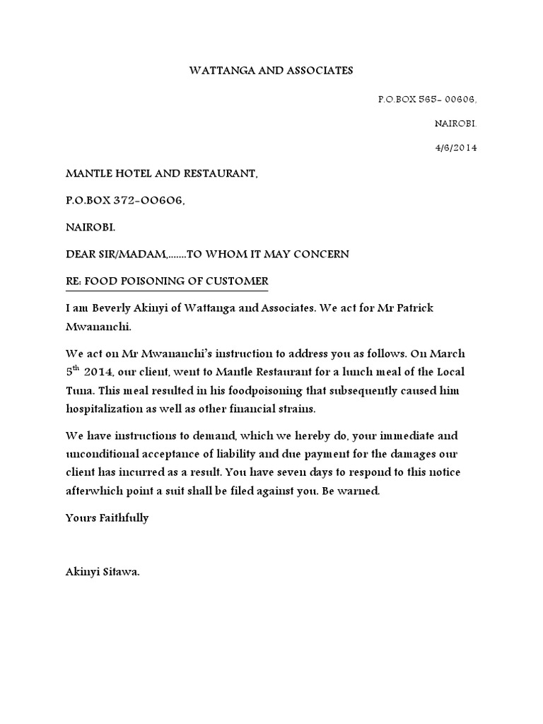 Letter of Demand for Compensation Due to Food Poisoning Incident at