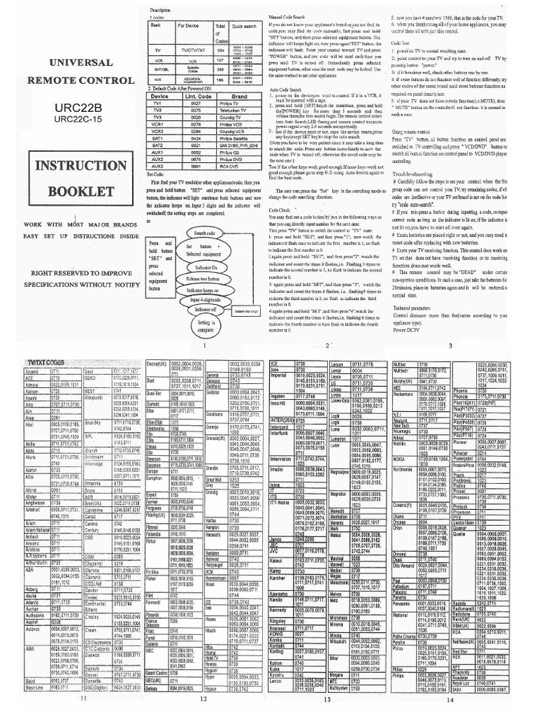 Urc22b Urc22c 15 Universal Remote Controller Instruction Booklet