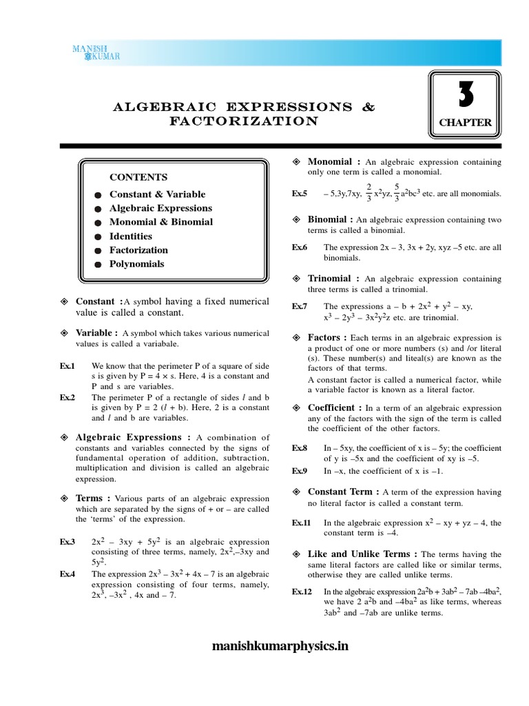 03 Algebraic Expressions Factorization Factorization Mathematical Concepts
