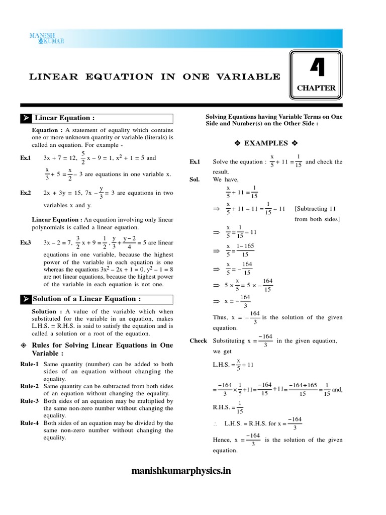 Solving Linear Equations Overview | PDF | Equations | Variable ...