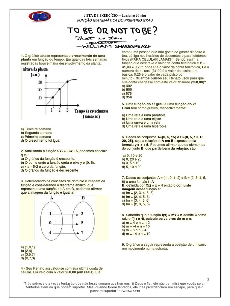 Exercicios Sobre Função Polinomial Do 1 Grau