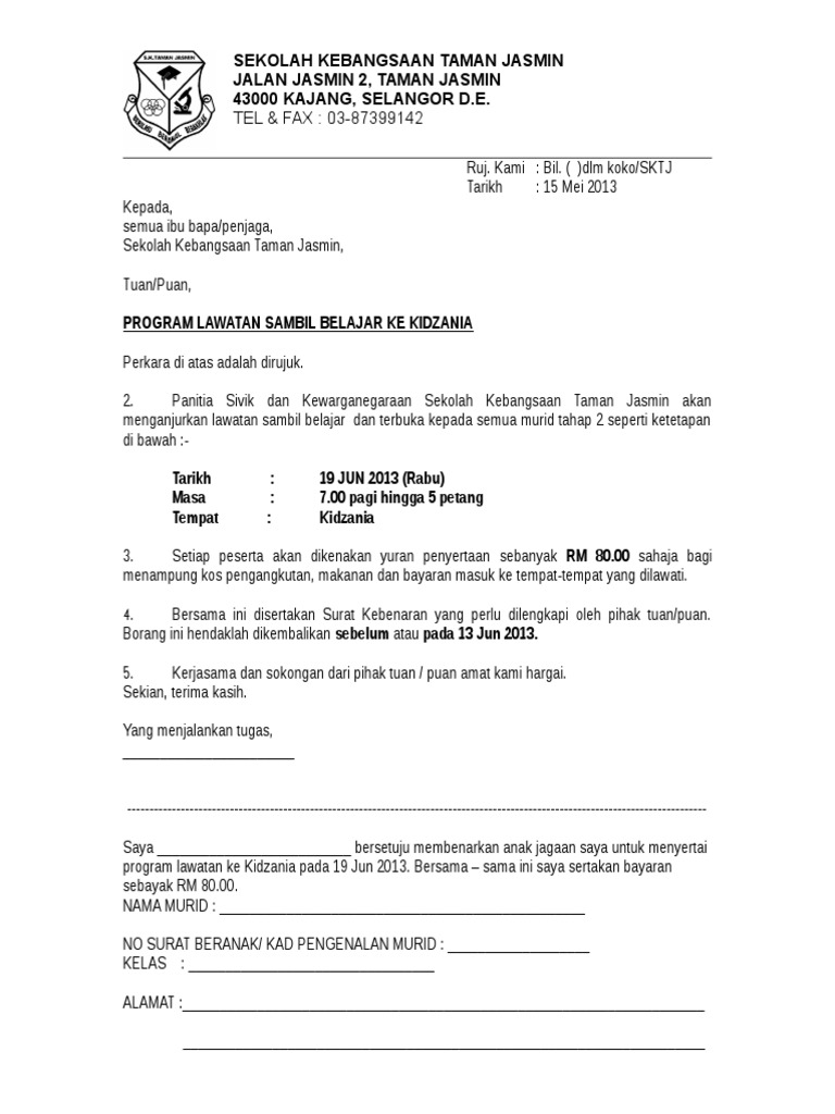 Contoh Surat Kebenaran Ibu Bapa Untuk Lawatan Sambil Belajar