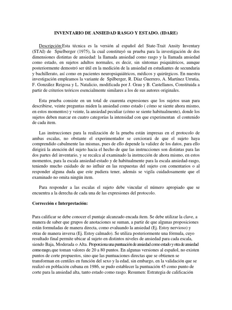 Test IDARE-Inventario de Ansiedad Rasgo y Estado -Manual y Test ...