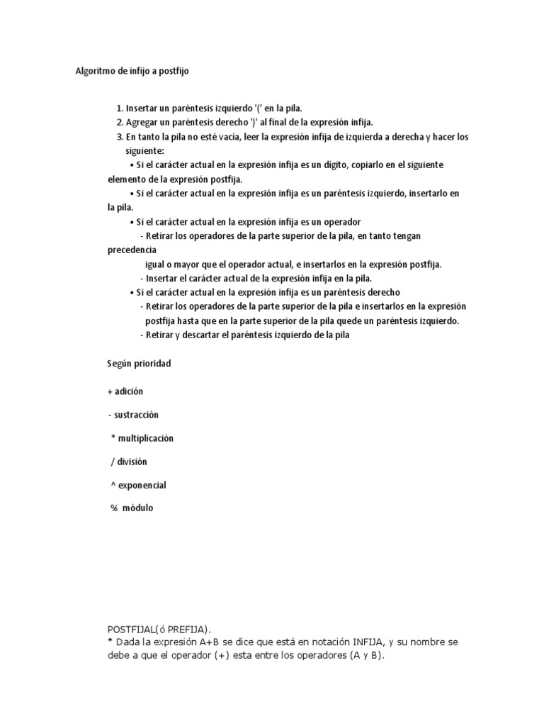 Algoritmo de Infijo A Postfijo | PDF | Notación | Enseñanza de matemática